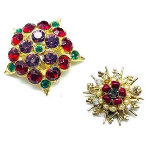 Starburst Pins Gold Tone Lot of Two Multicolor Rhinestones Simulated Pearls READ